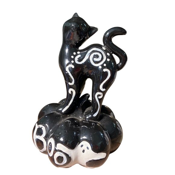 Ceramic Black Cat On Pumpkin Halloween Decor Figurine With White Ghost & "Boo" D - Picture 2 of 15